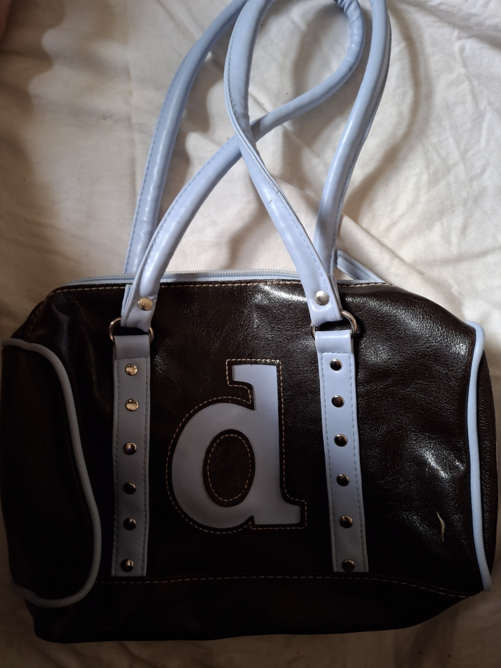 Y2K Brown Baby Blue Logo Satchel Studded Bowling Bag Purse